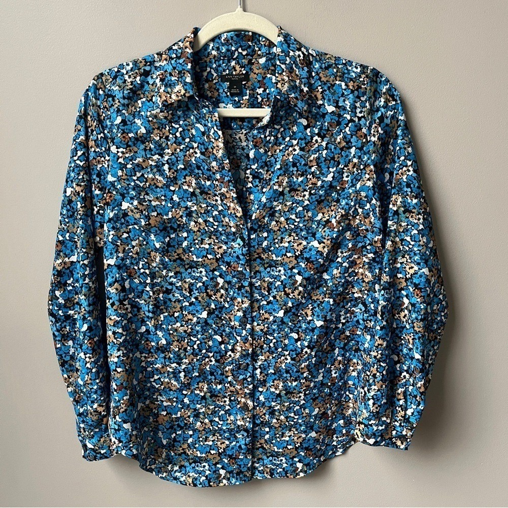 Ann Taylor Top Women's Small Petite Floral Blue Office Feminine Classic Preppy